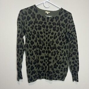 Project Sweater Womens XS Green Leopard Print Crewneck Long Sleeve Cashmere Knit
